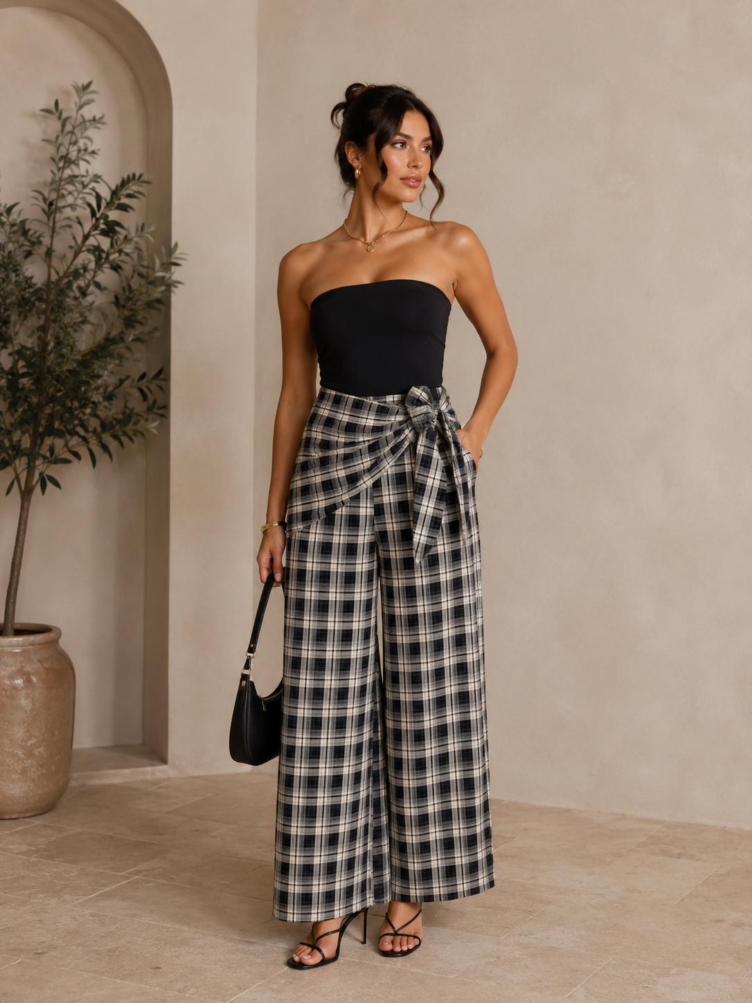TM403 - Plaid Wrap Wide-Leg Pants
