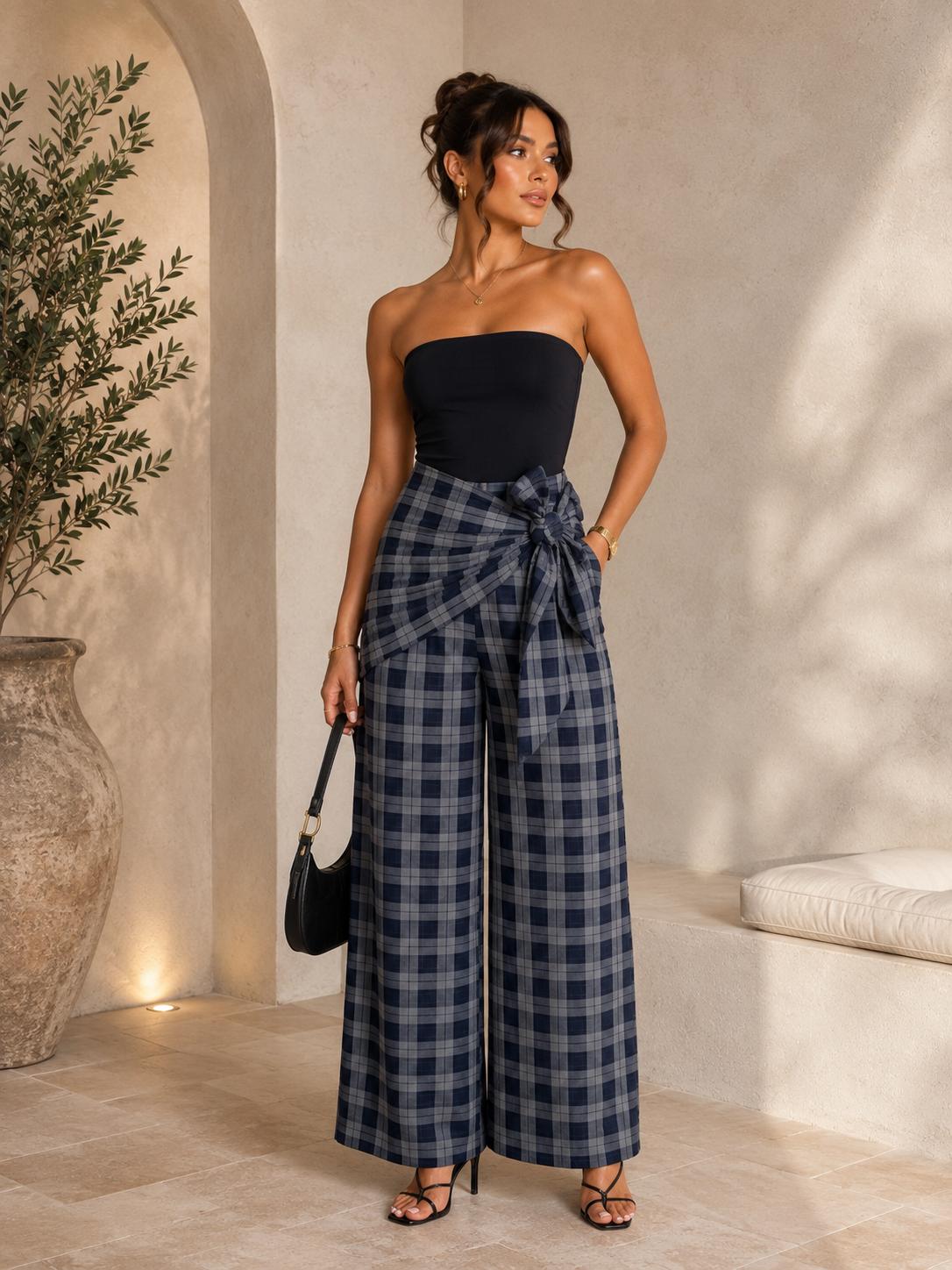 TM403 - Plaid Wrap Wide-Leg Pants