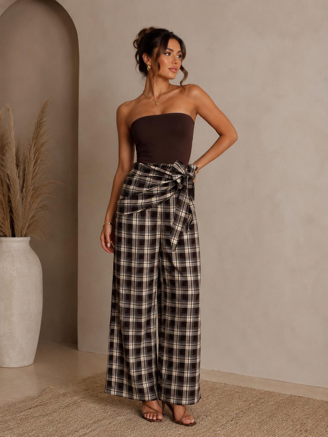 TM403 - Plaid Wrap Wide-Leg Pants
