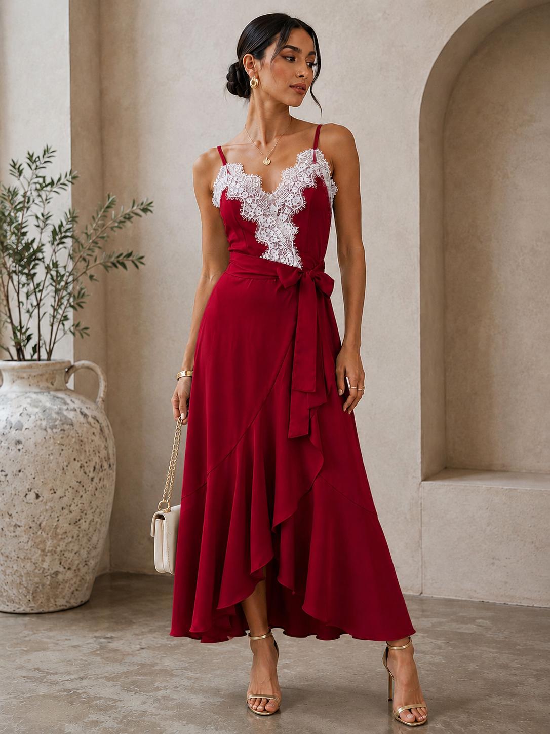 TCS2972 - Lace Trim High-Low Midi Dress