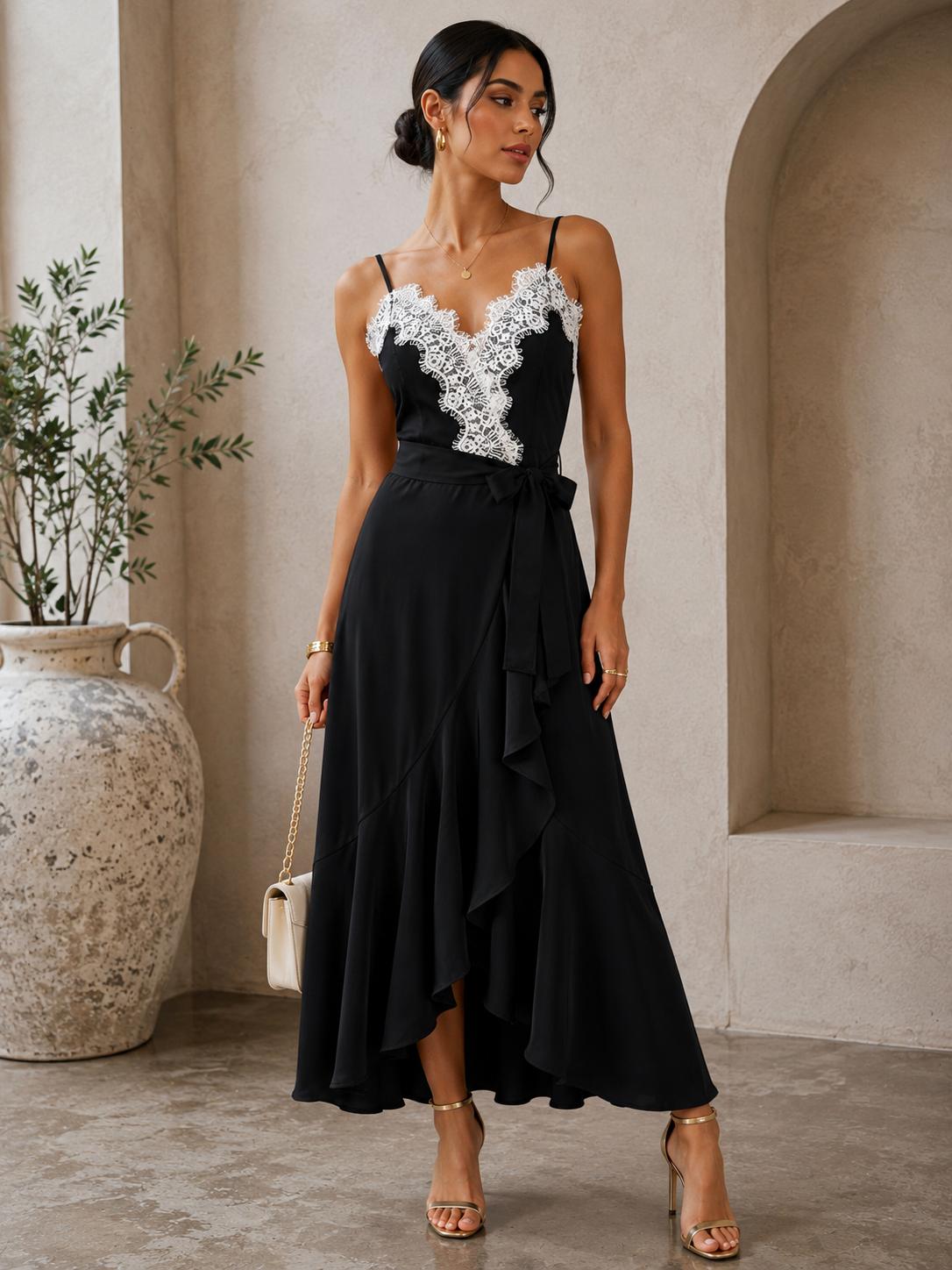 TCS2972 - Lace Trim High-Low Midi Dress