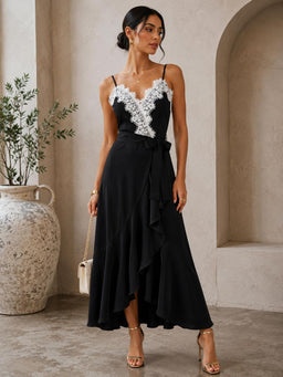 TCS2972 - Lace Trim High-Low Midi Dress