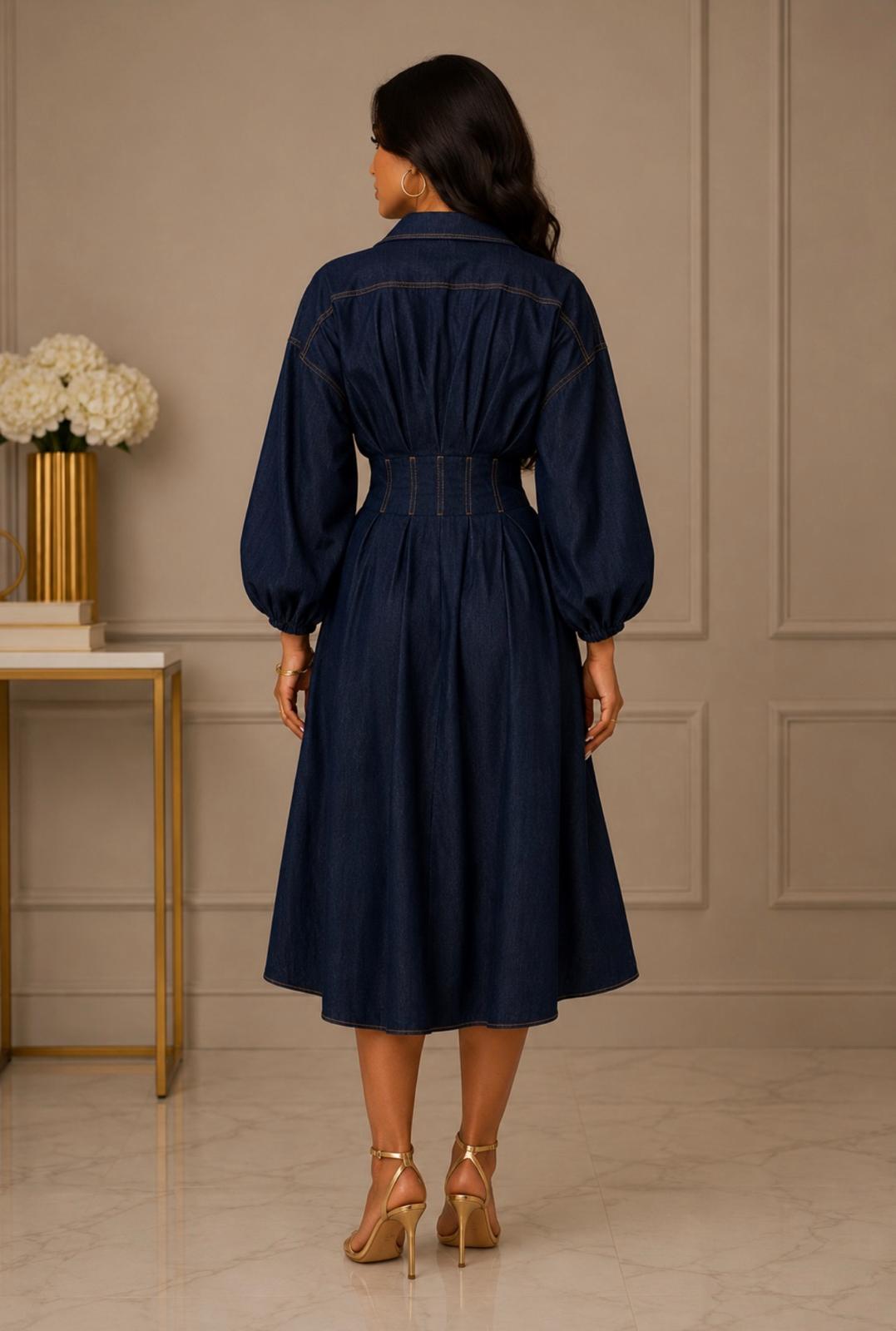TCS3058 - Button-Front Denim Midi Dress