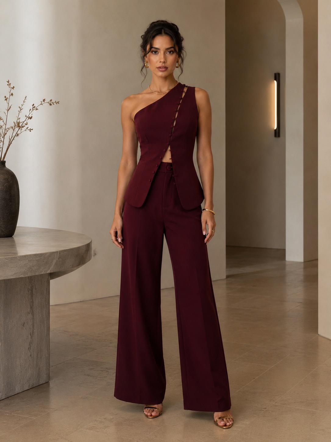 TCS3085 - One-Shoulder Button Detail Vest & Wide-Leg Pant Set