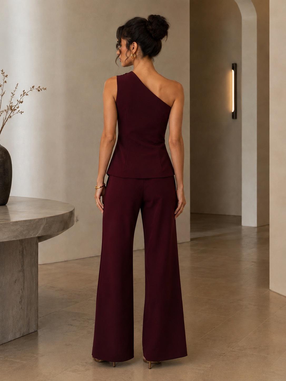 TCS3085 - One-Shoulder Button Detail Vest & Wide-Leg Pant Set