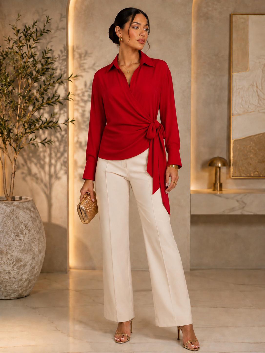 TM405-1 - Elegant Wrap Tie Blouse