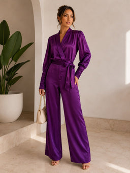 TCS3041 - Satin Wrap Top & Wide-Leg Pants Set