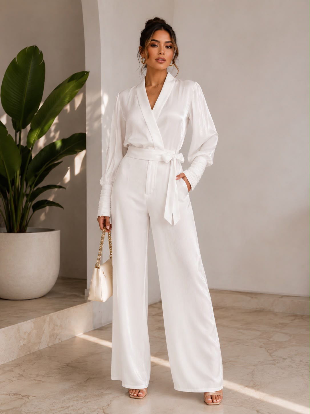 TCS3041 - Satin Wrap Top & Wide-Leg Pants Set