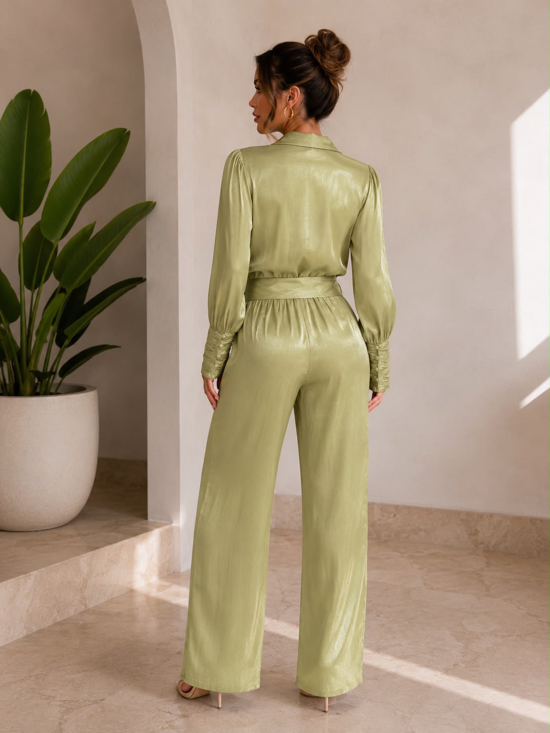 TCS3041 - Satin Wrap Top & Wide-Leg Pants Set