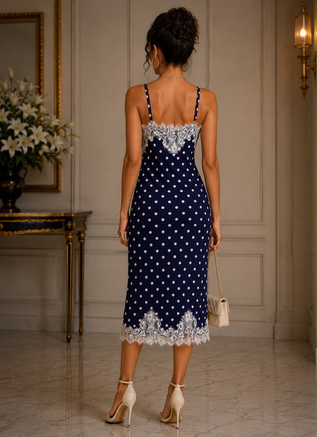 TM401 - Polka Dot Lace Trim Midi Dress
