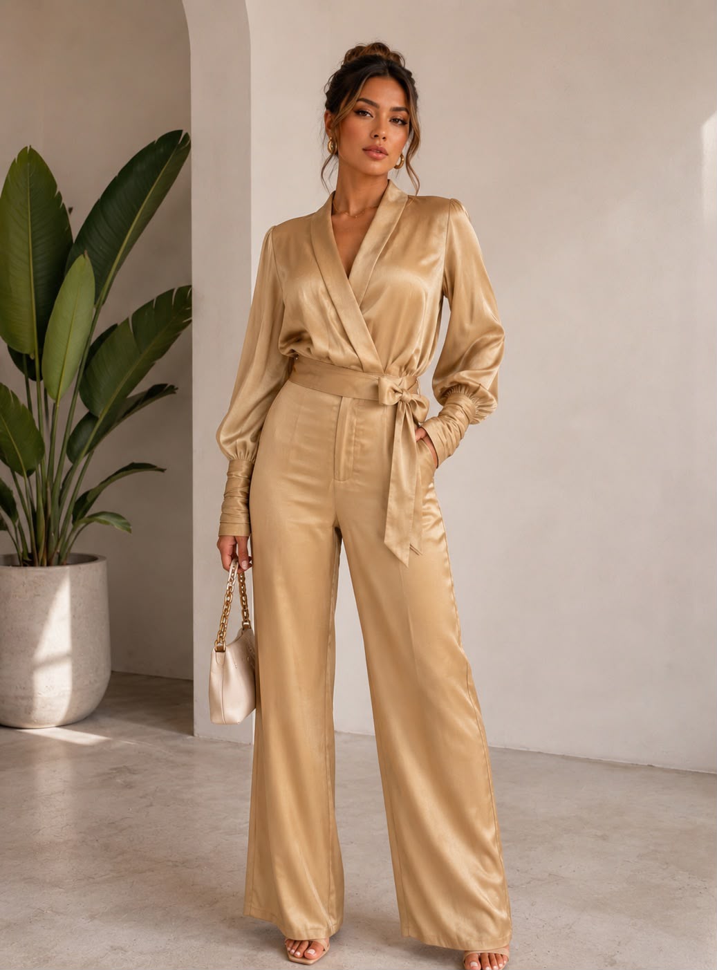 TCS3041 - Satin Wrap Top & Wide-Leg Pants Set