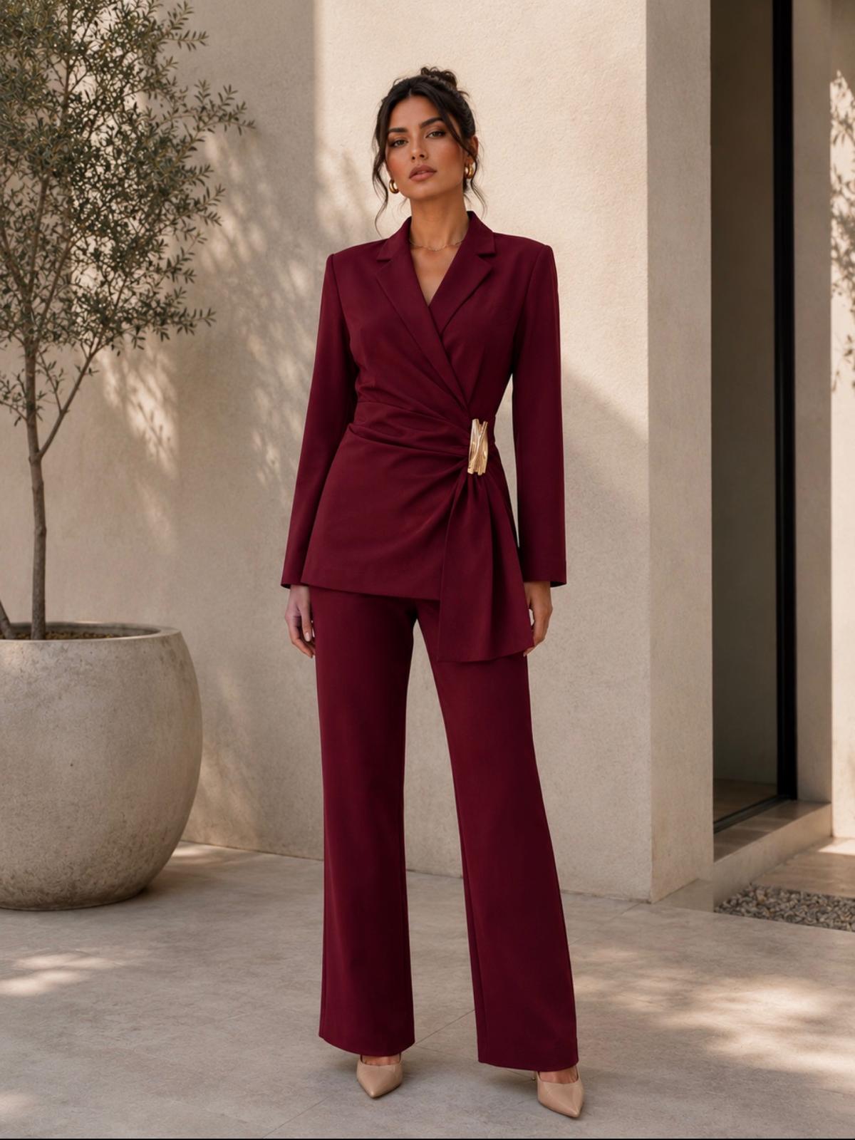 TCS3107 - Wrap Blazer Top & Straight-Leg Pant Set