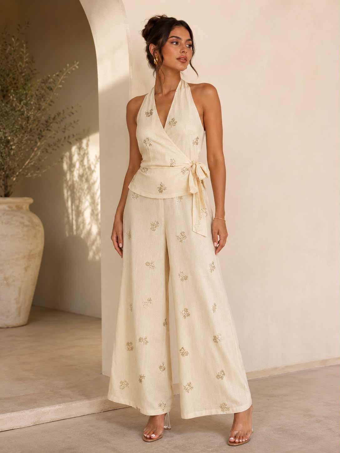 TCS3099 - Embroidered Halter Wrap Top & Wide-Leg Pants Set