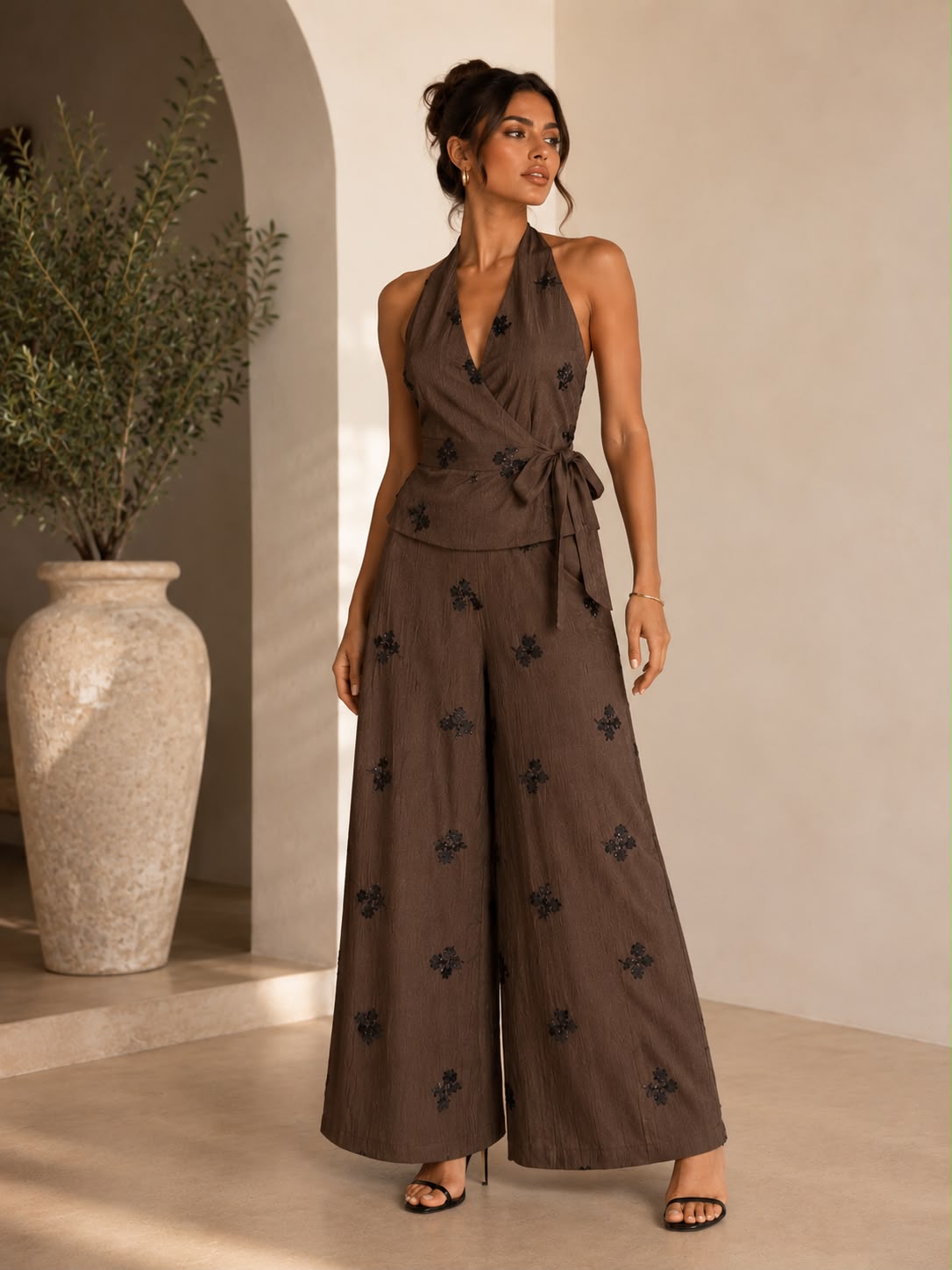 TCS3099 - Embroidered Halter Wrap Top & Wide-Leg Pants Set
