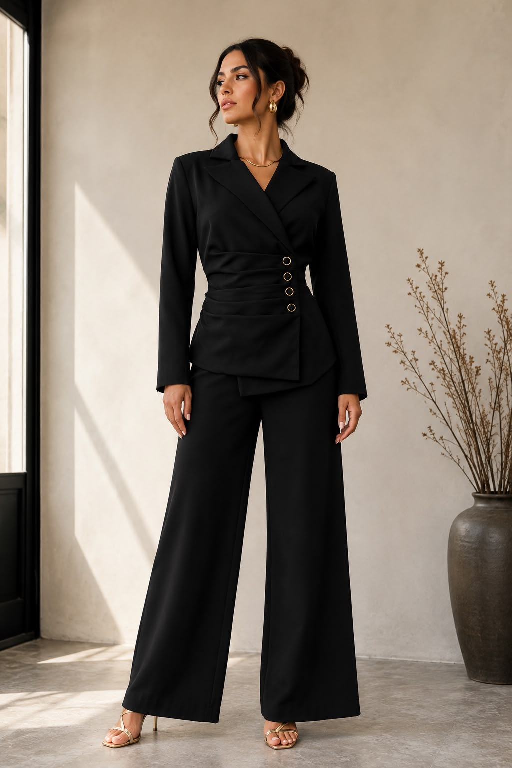 TCS3108 - Tailored Wrap Blazer & Wide-Leg Pants Two-Piece Set
