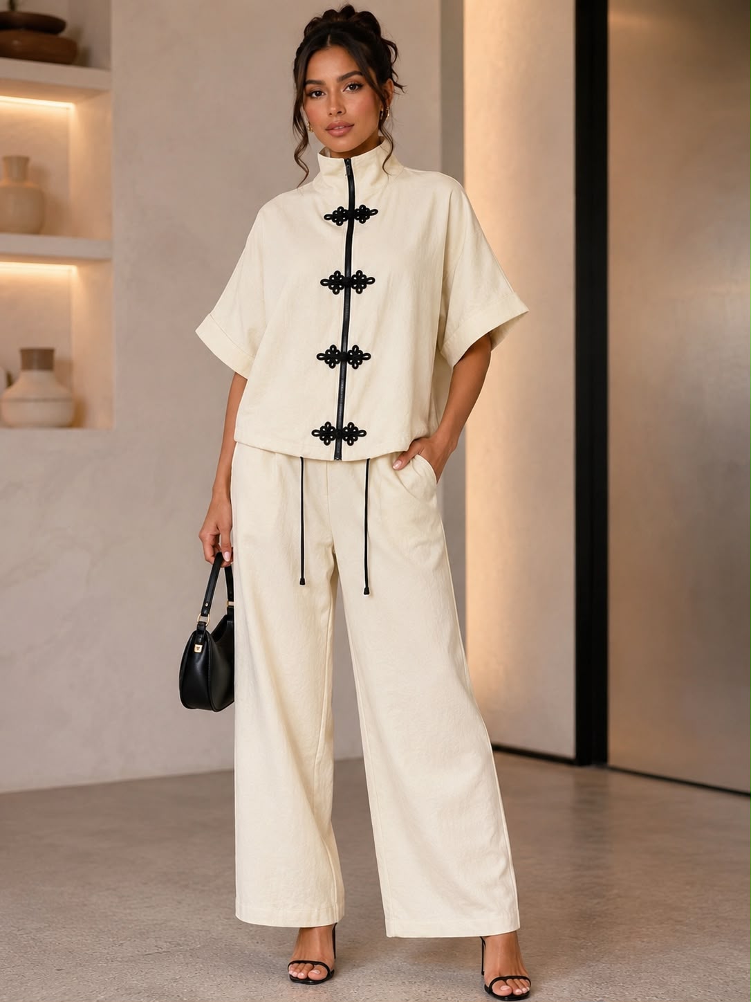 TM482 - Toggle Zip-Up Wide Leg Pant Set