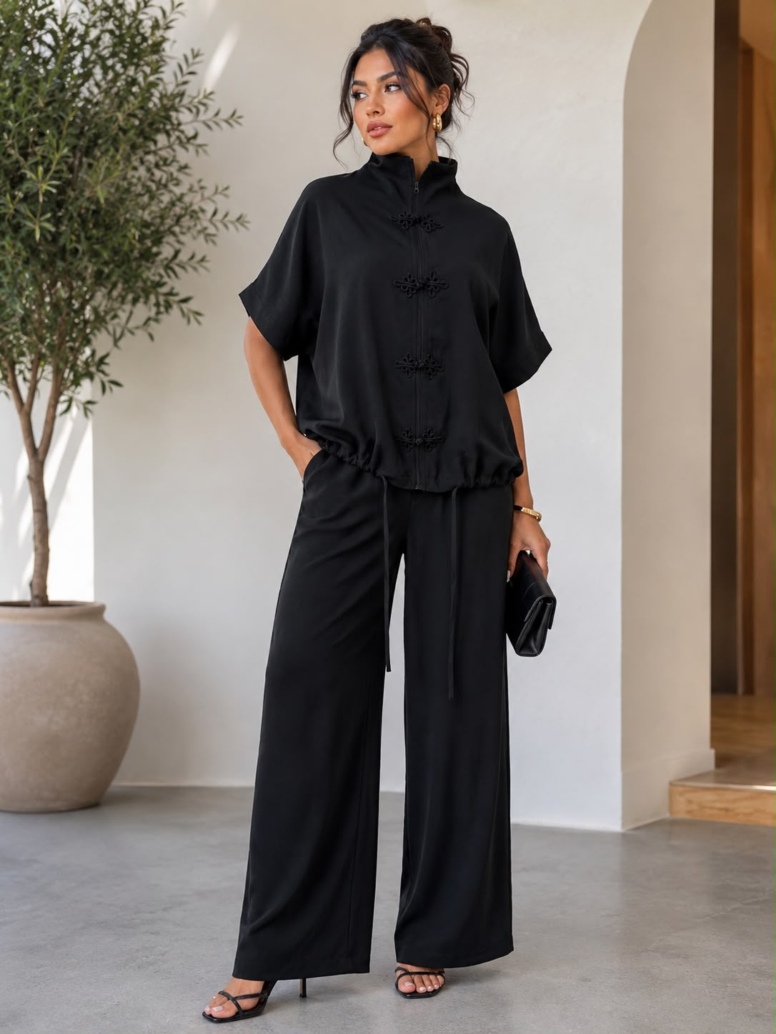 TM482 - Toggle Zip-Up Wide Leg Pant Set