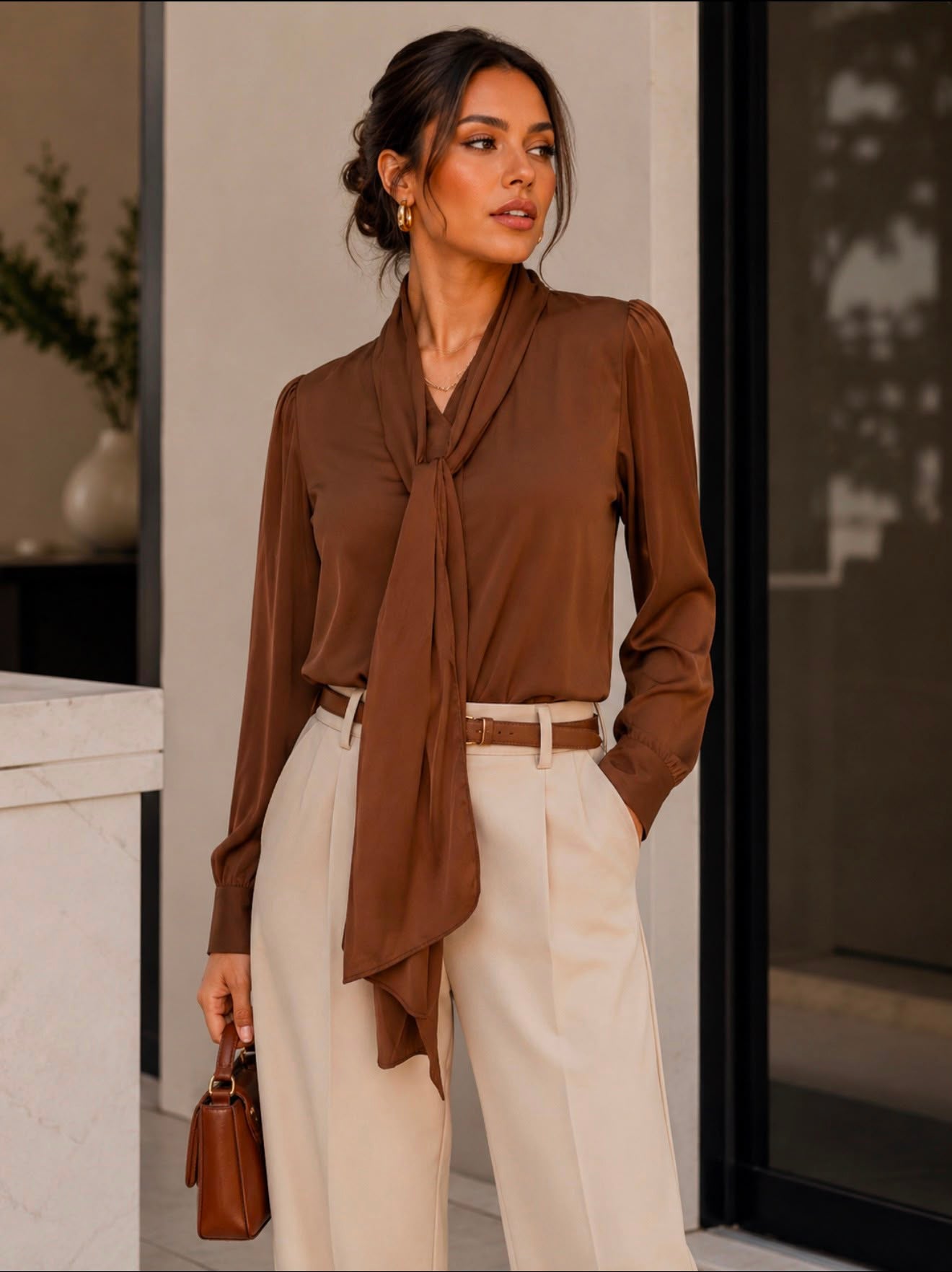 TM443 - Satin Tie-Neck Blouse