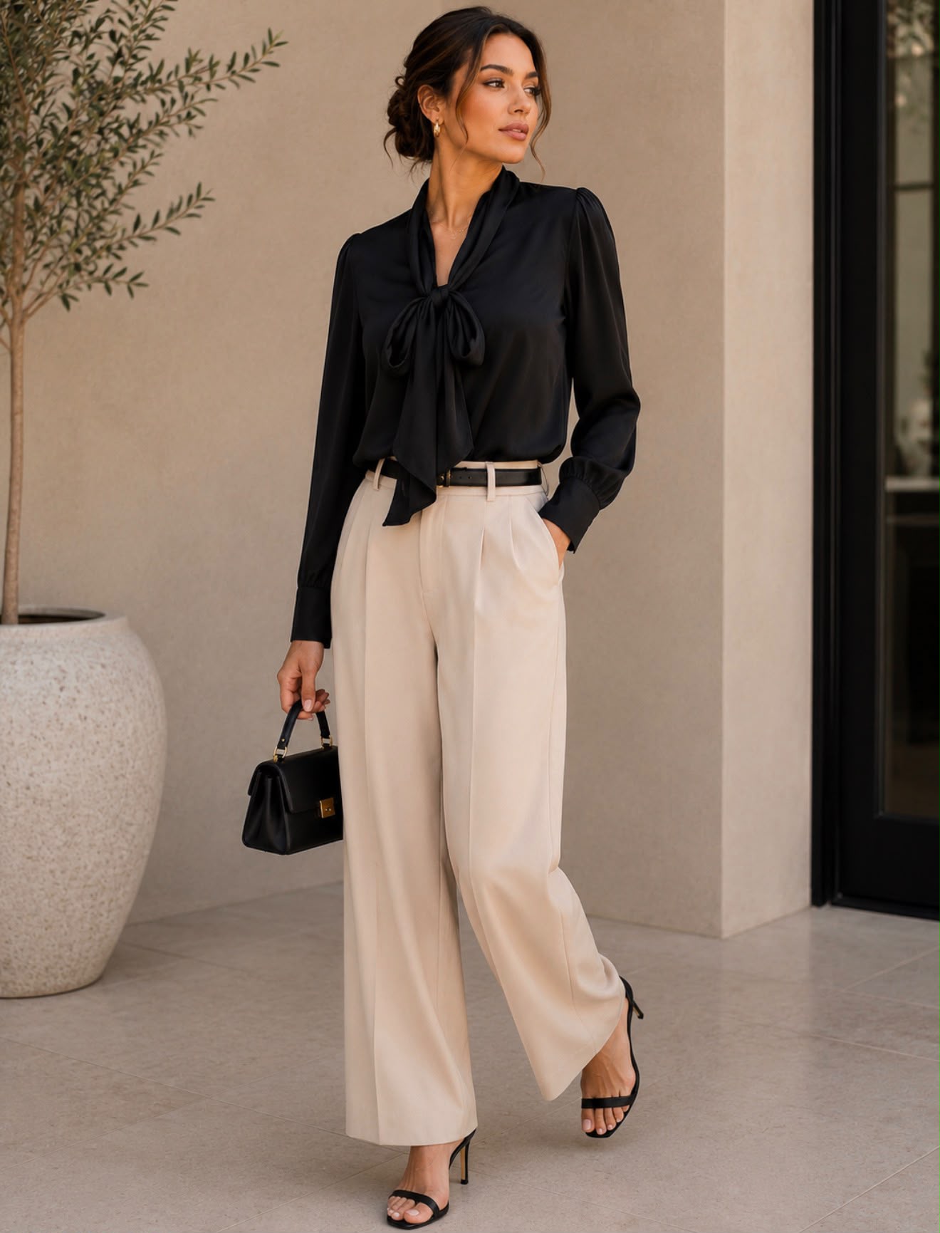 TM443 - Satin Tie-Neck Blouse
