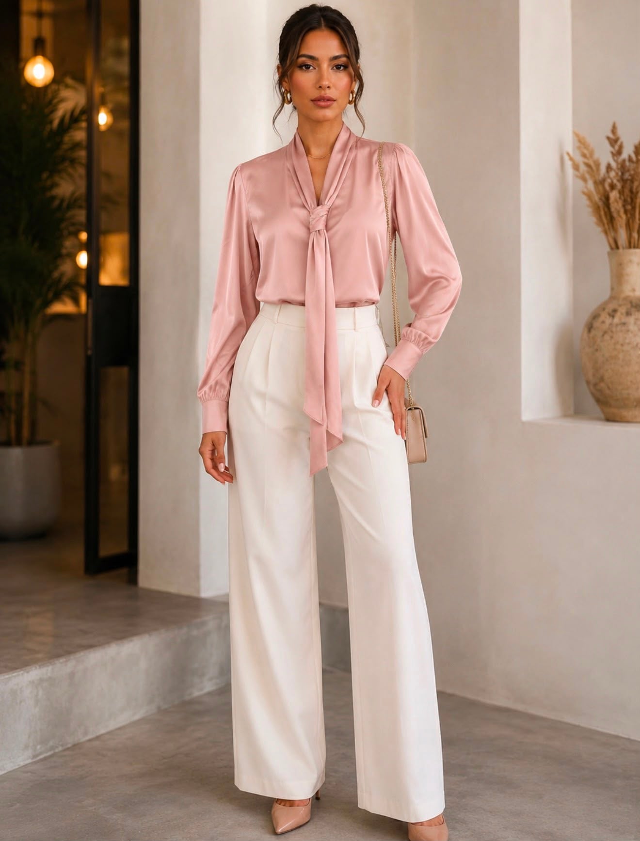 TM443 - Satin Tie-Neck Blouse