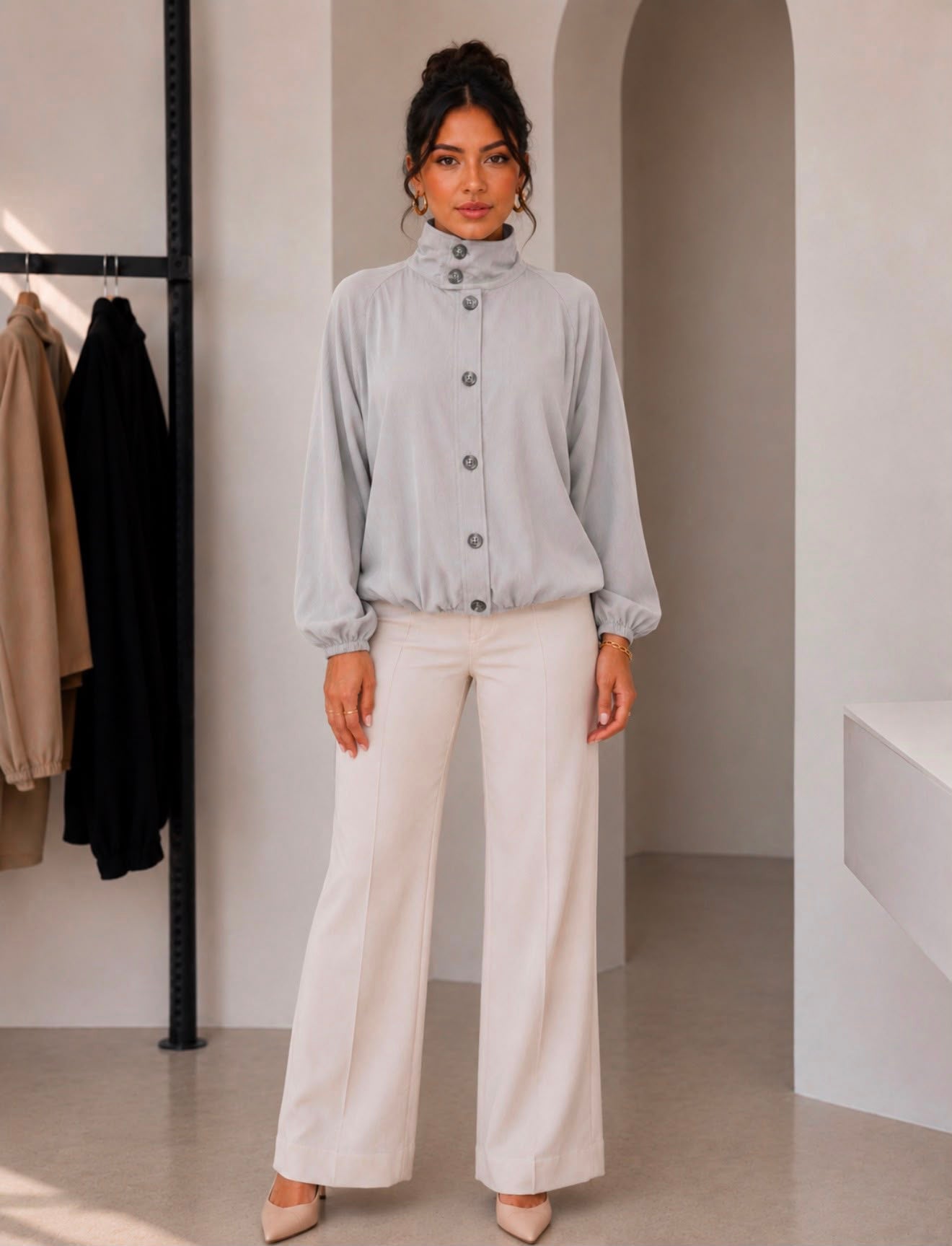 TM524 - High-Neck Button-Front Blouson Jacket