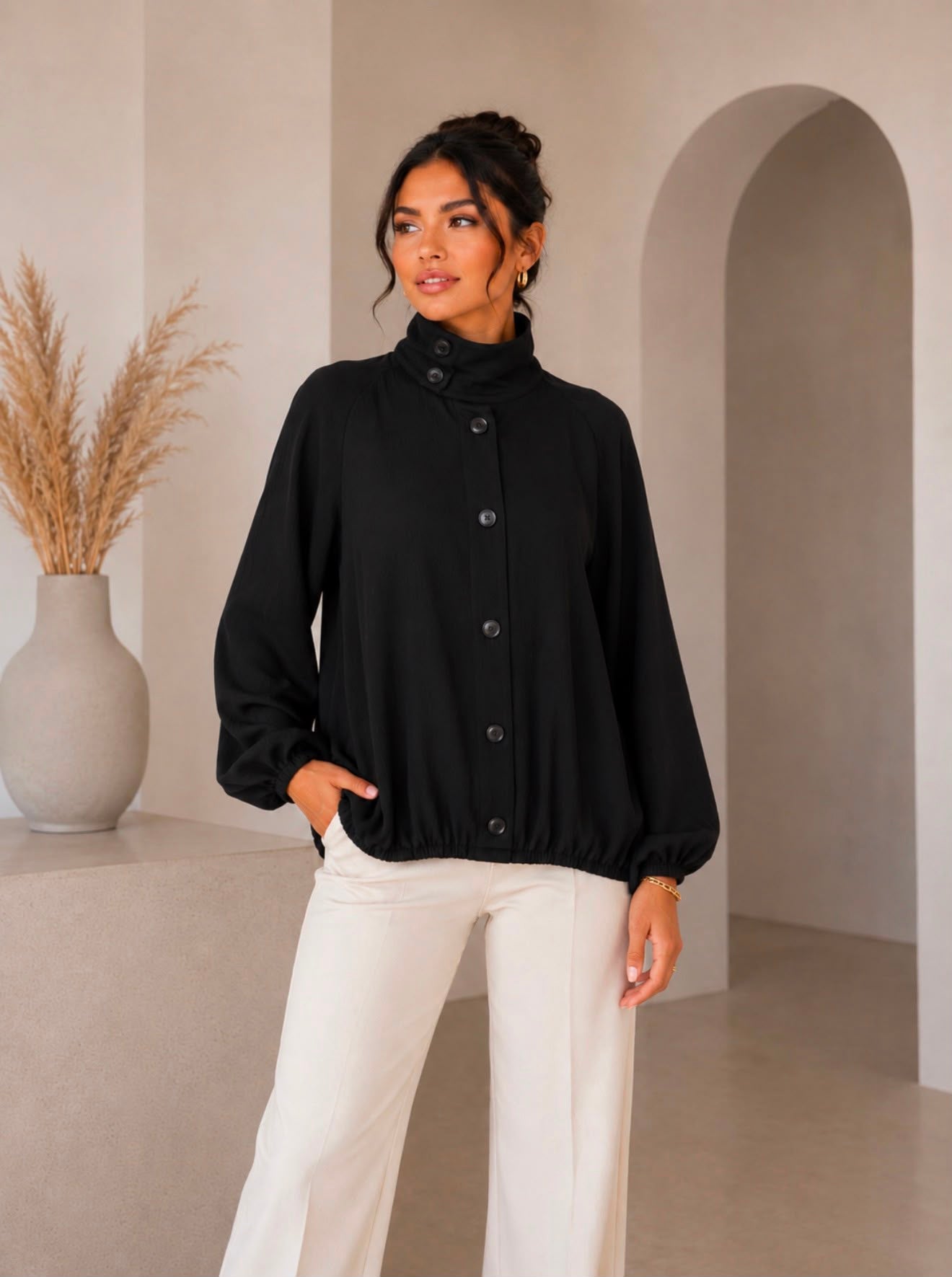 TM524 - High-Neck Button-Front Blouson Jacket