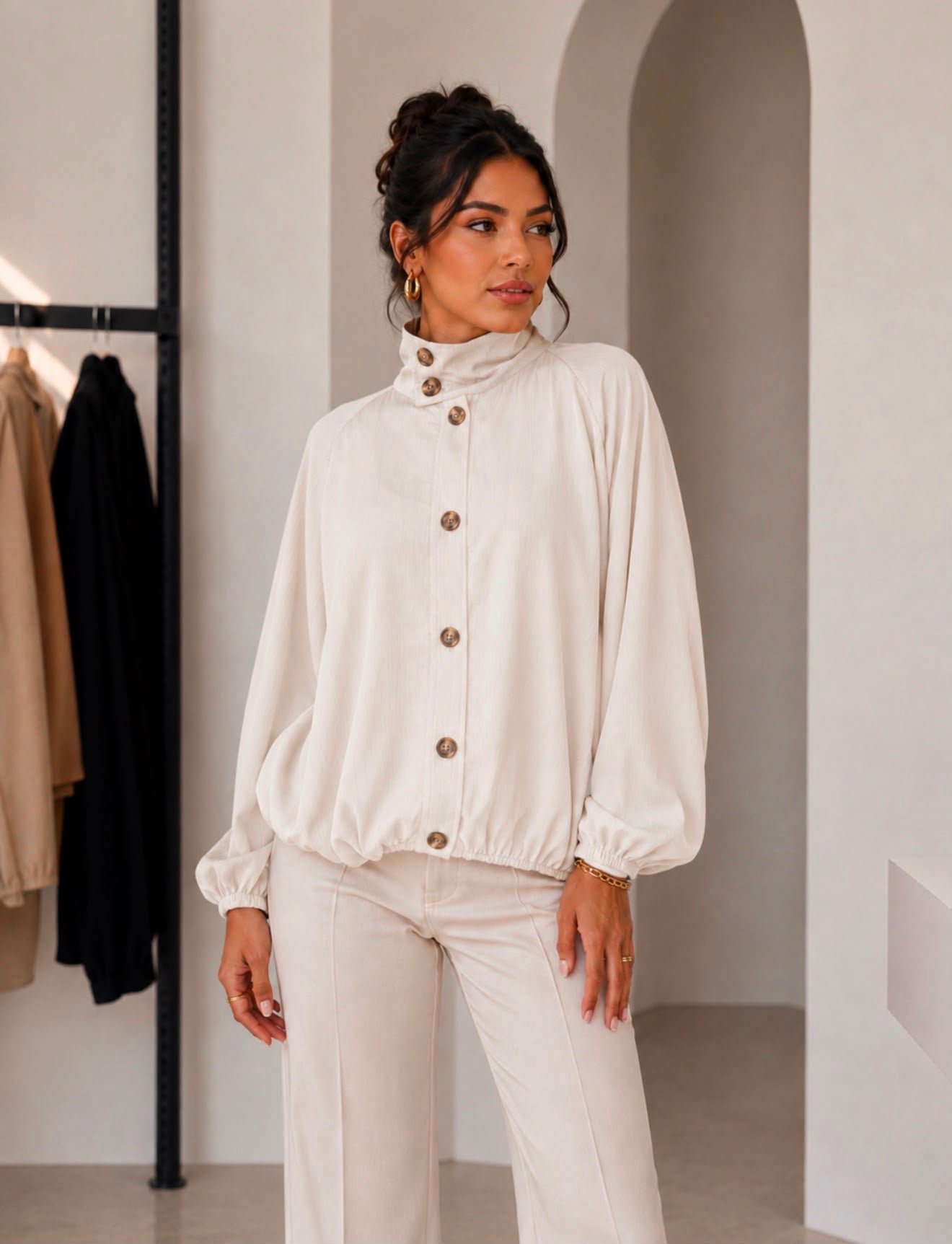 TM524 - High-Neck Button-Front Blouson Jacket