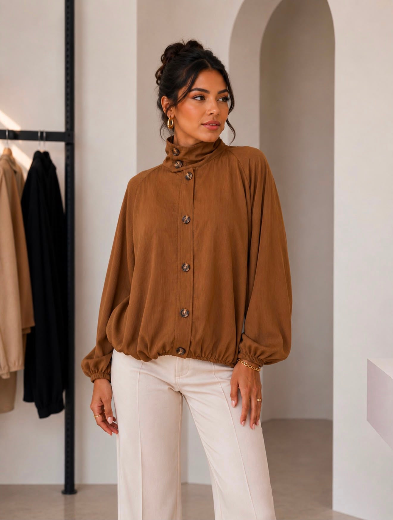 TM524 - High-Neck Button-Front Blouson Jacket