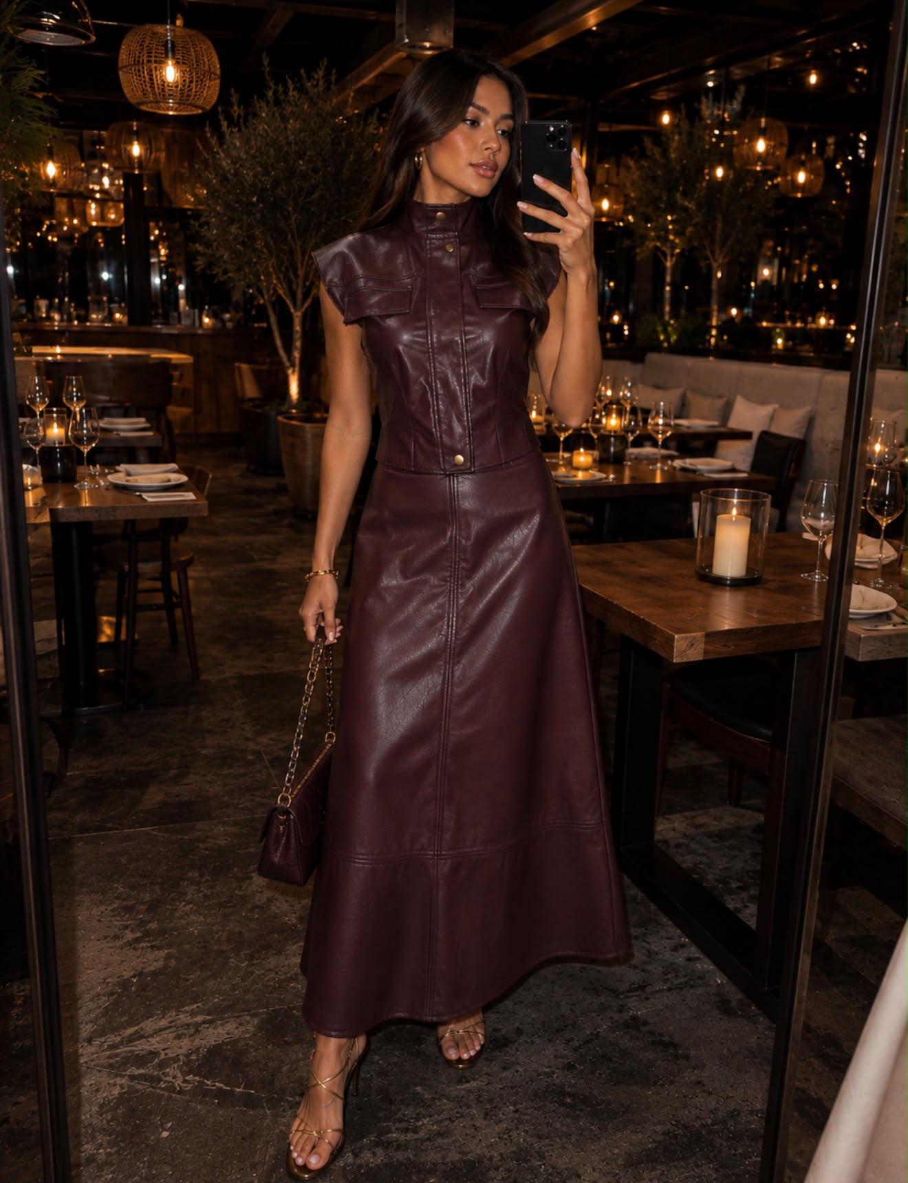 TCS 3110 - Faux Leather Utility Vest & Maxi Skirt Set