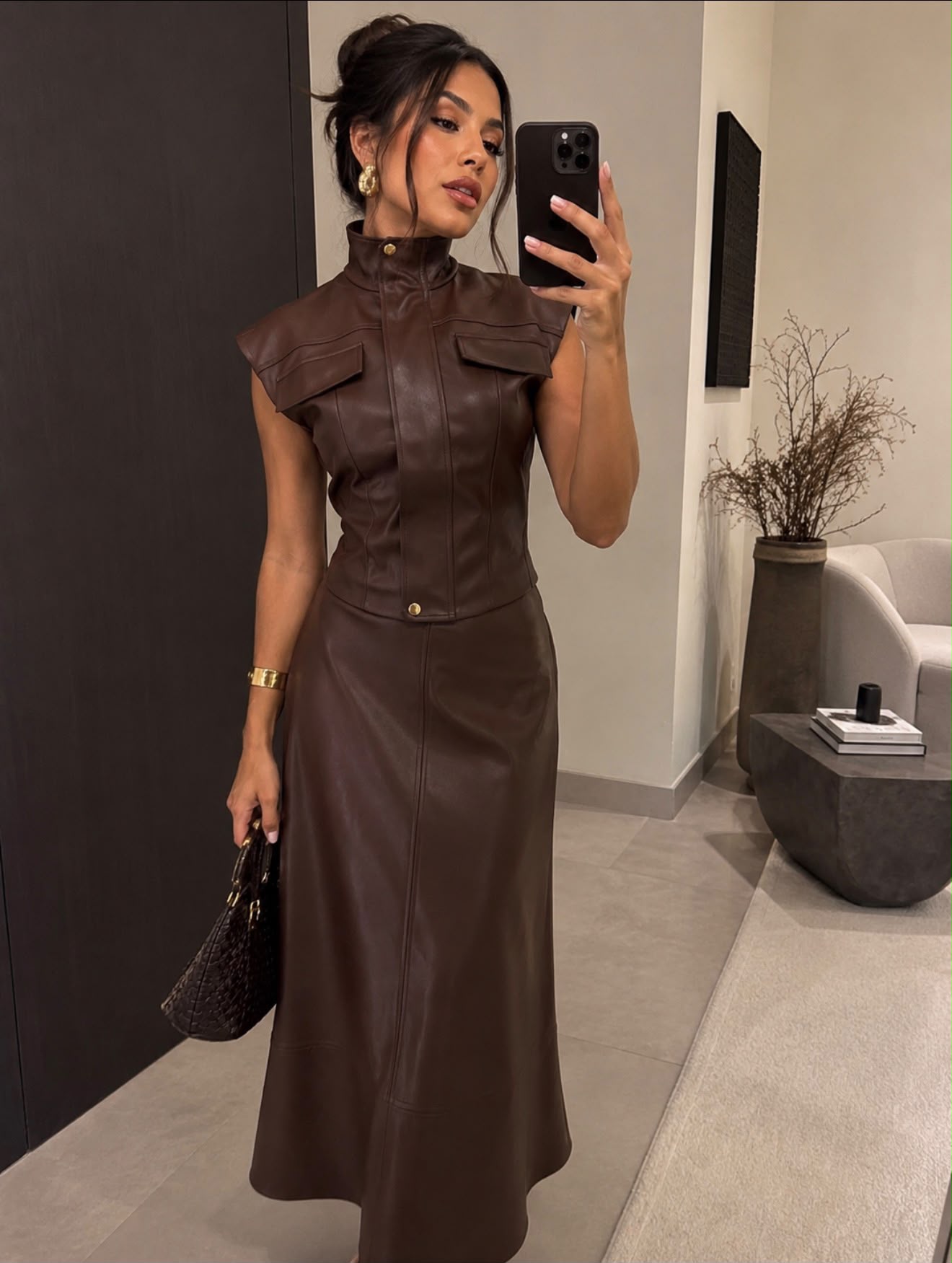 TCS 3110 - Faux Leather Utility Vest & Maxi Skirt Set