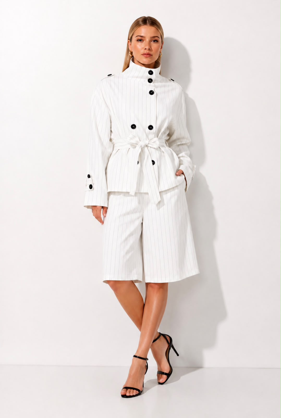 TCS 3158 - Pinstripe Belted Jacket & Bermuda Shorts Set