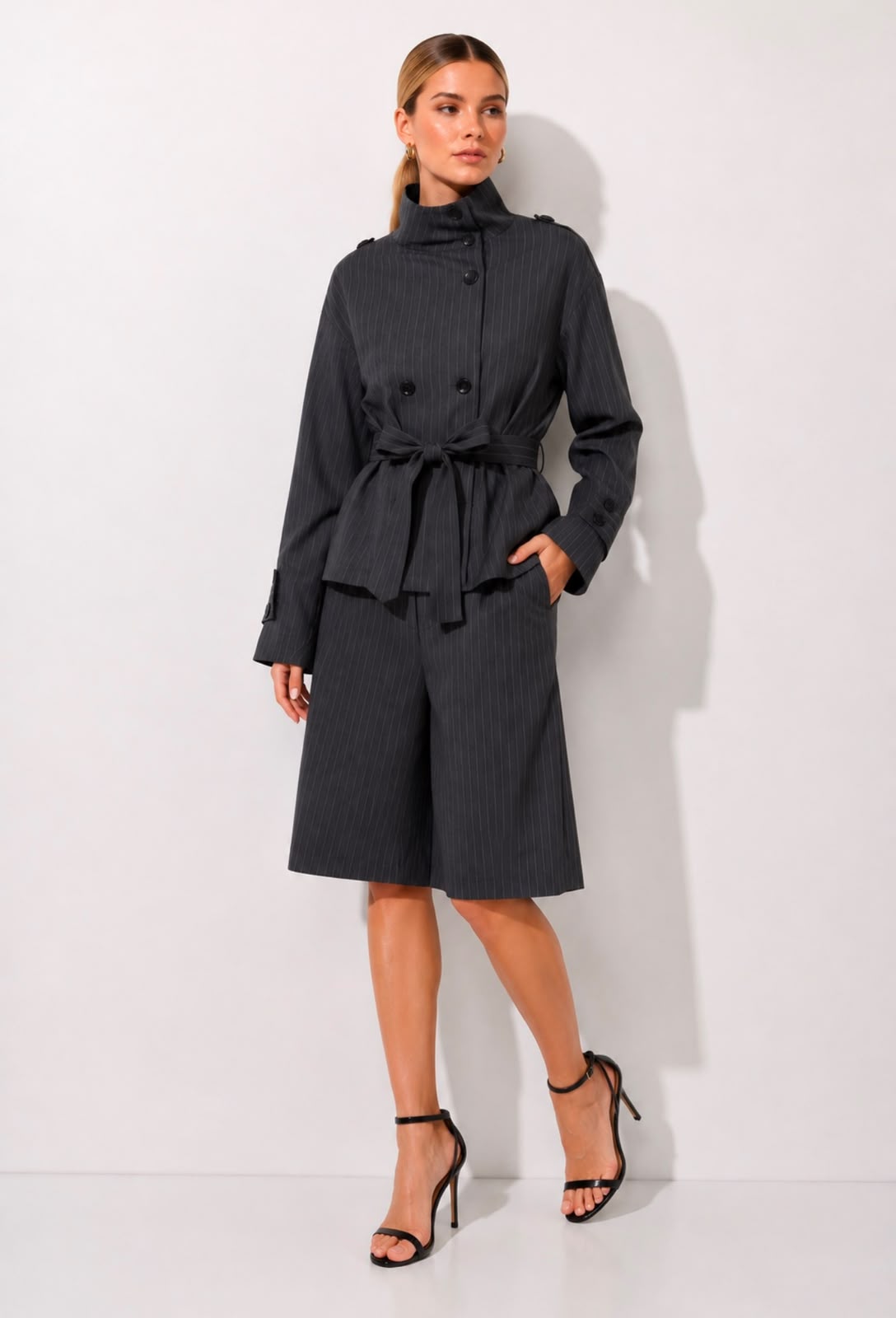 TCS 3158 - Pinstripe Belted Jacket & Bermuda Shorts Set