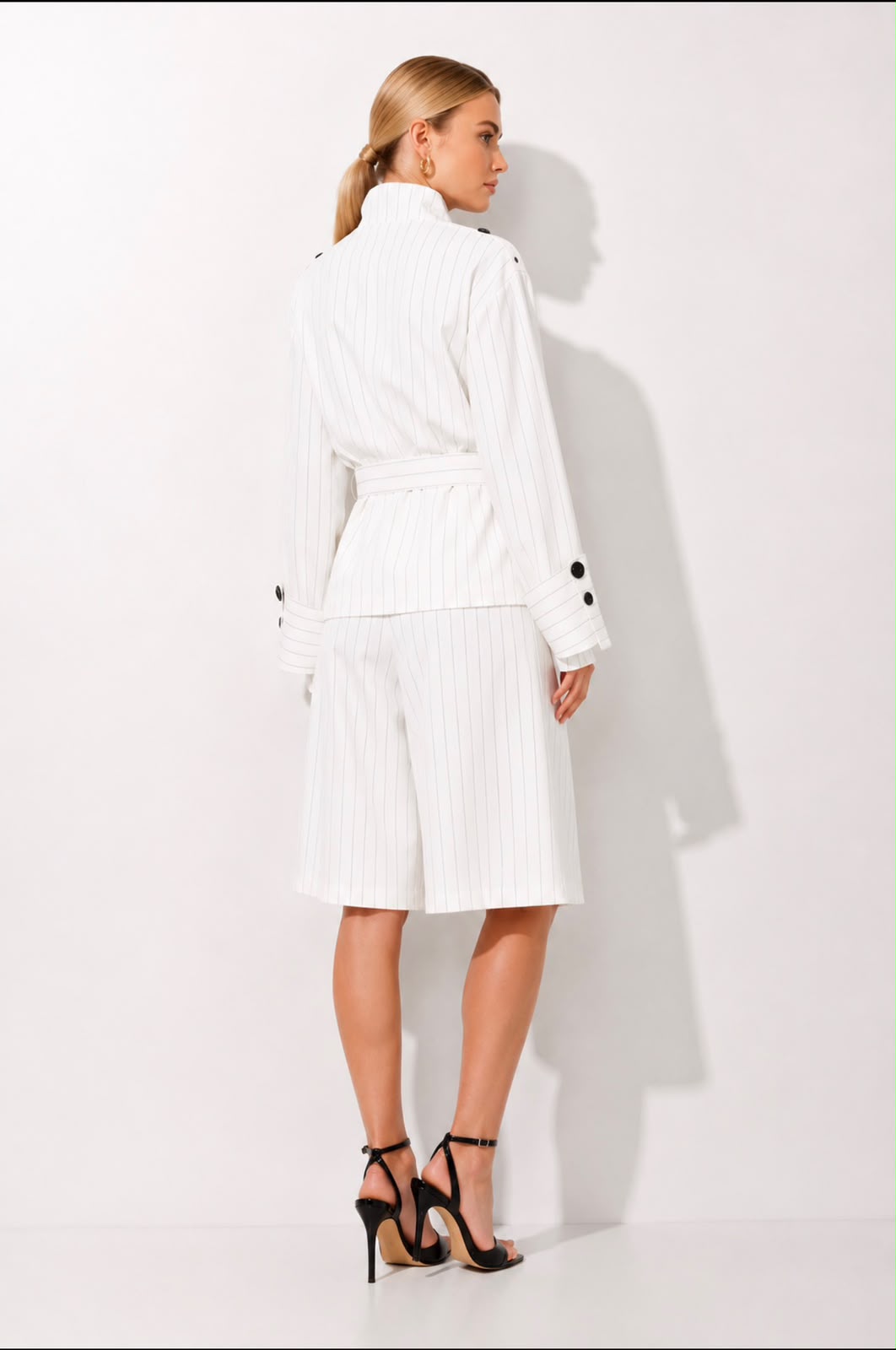TCS 3158 - Pinstripe Belted Jacket & Bermuda Shorts Set