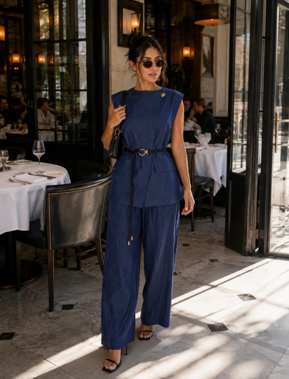 TM 512 - Belted Sleeveless Top & Wide-Leg Pants Set