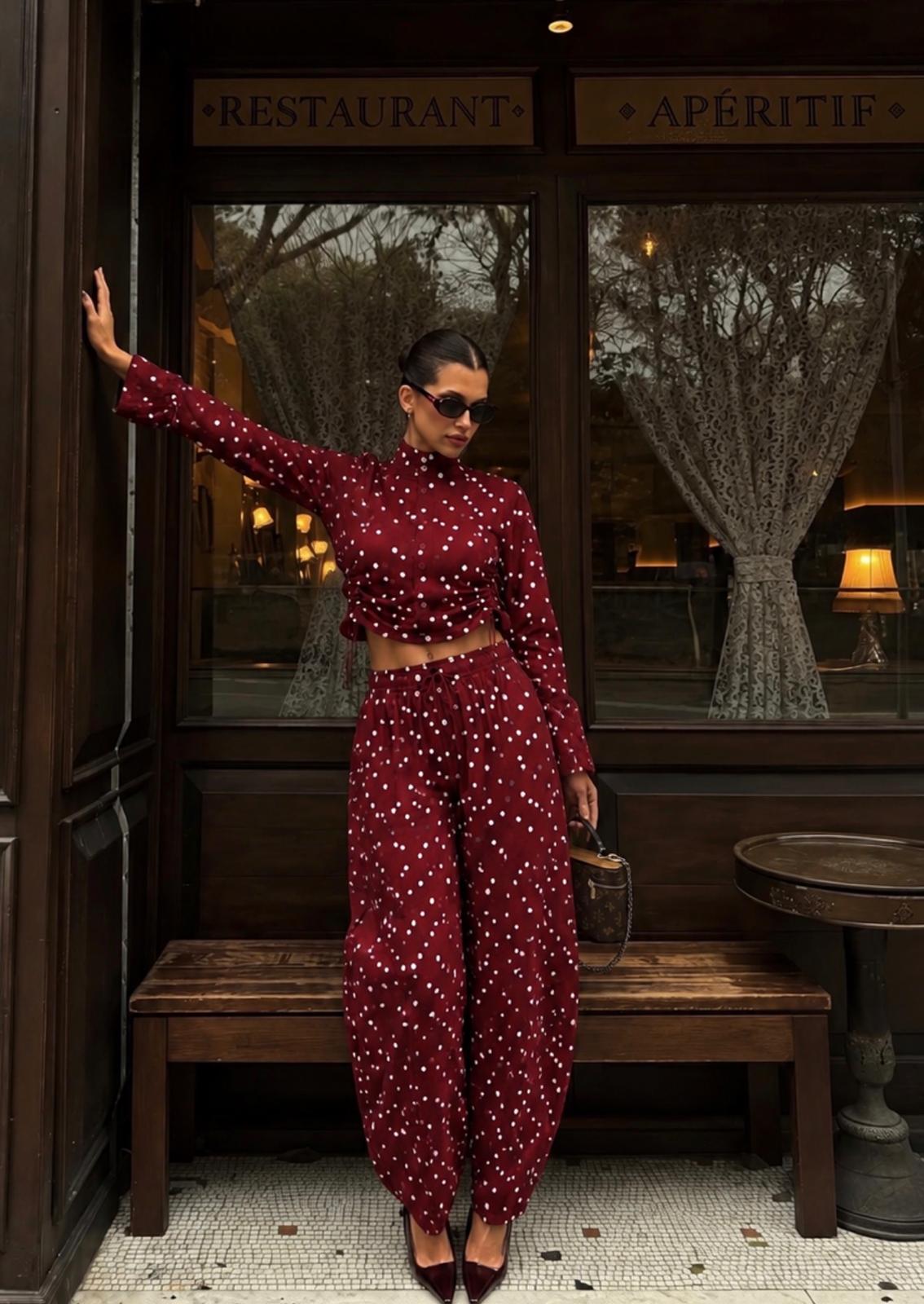 TM 448 - Polka Dot Cotton-Linen Barrel Pant Set