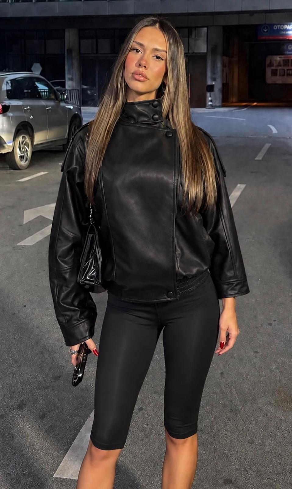 TCS 3143 - High-Neck Faux Leather Moto Jacket