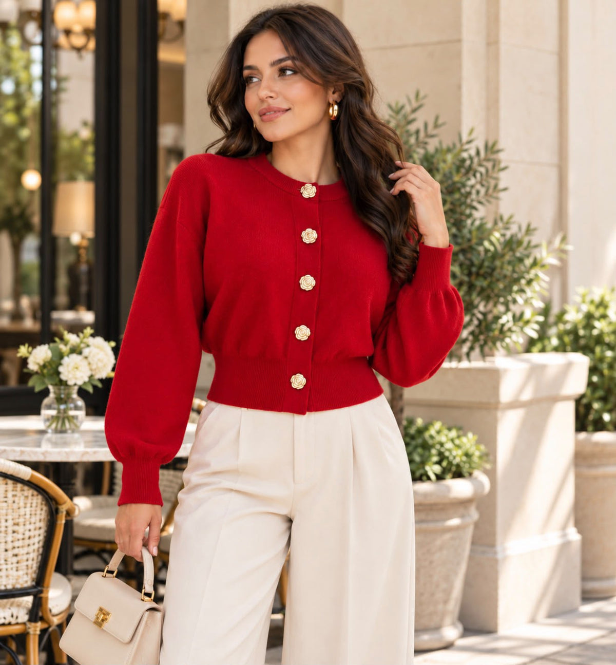 TCS 2726 - Floral Button Balloon Sleeve Cardigan