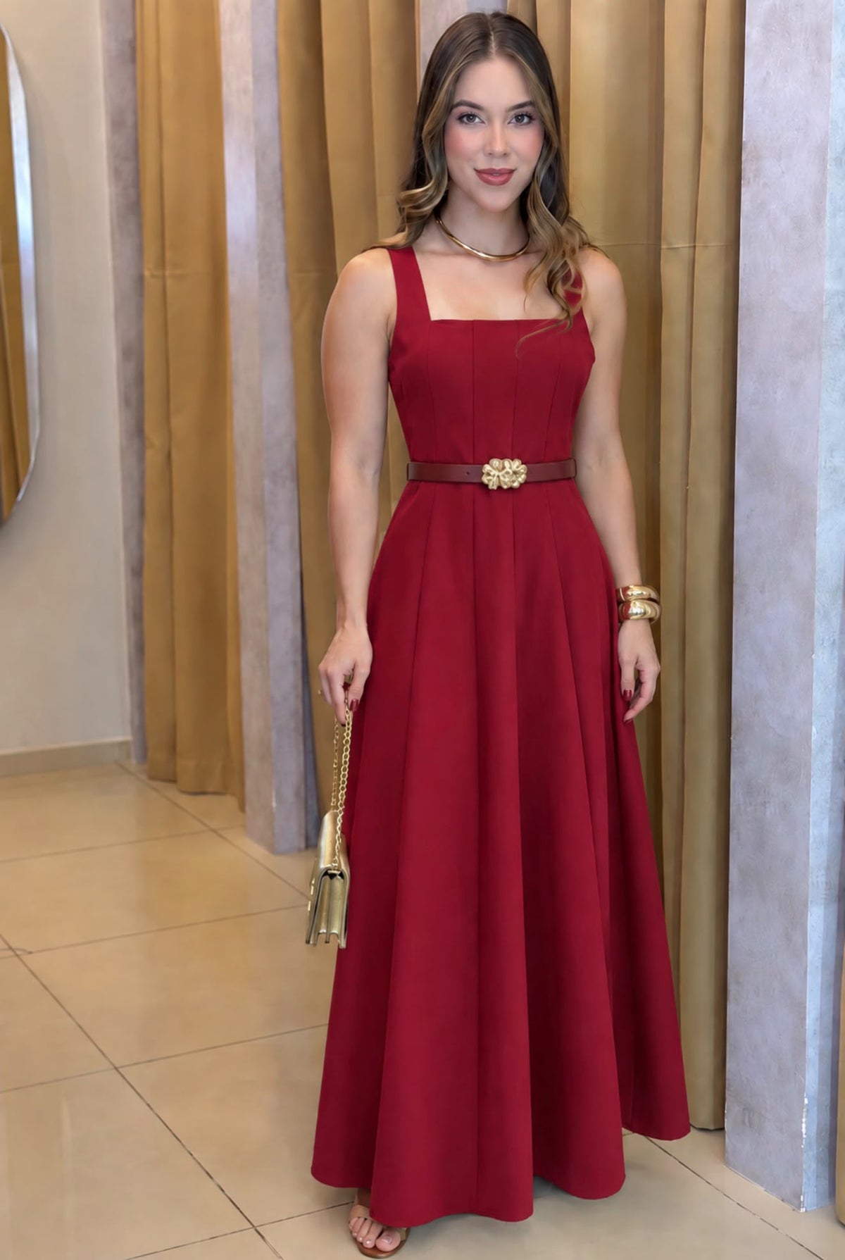 TCS 2935 - Sleeveless Square-Neck Pleated Maxi Dress Embellished Belt