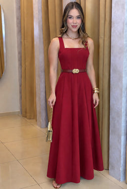 TCS 2935 - Sleeveless Square-Neck Pleated Maxi Dress Embellished Belt