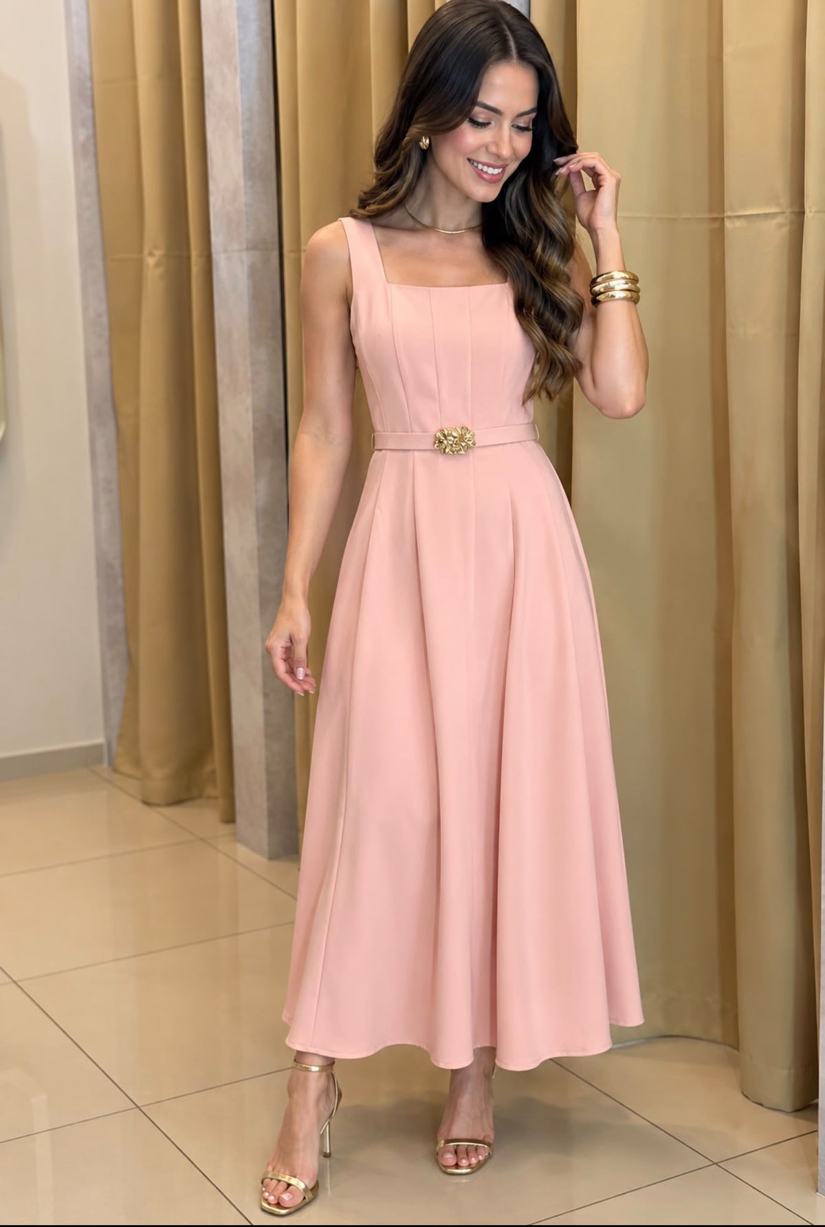 TCS 2935 - Sleeveless Square-Neck Pleated Maxi Dress Embellished Belt