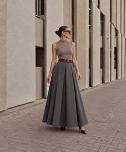 TCS 3199 - High-Waisted Pleated A-Line Maxi Skirt w/ Belt