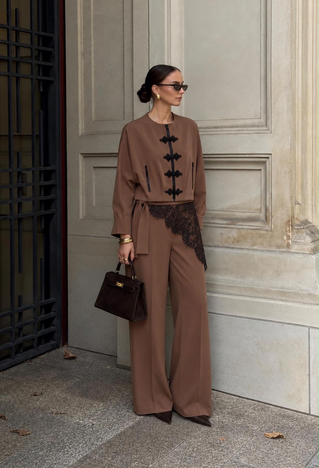 TM 616 - Lace-Trim Jacket & Wide-Leg Pants Set