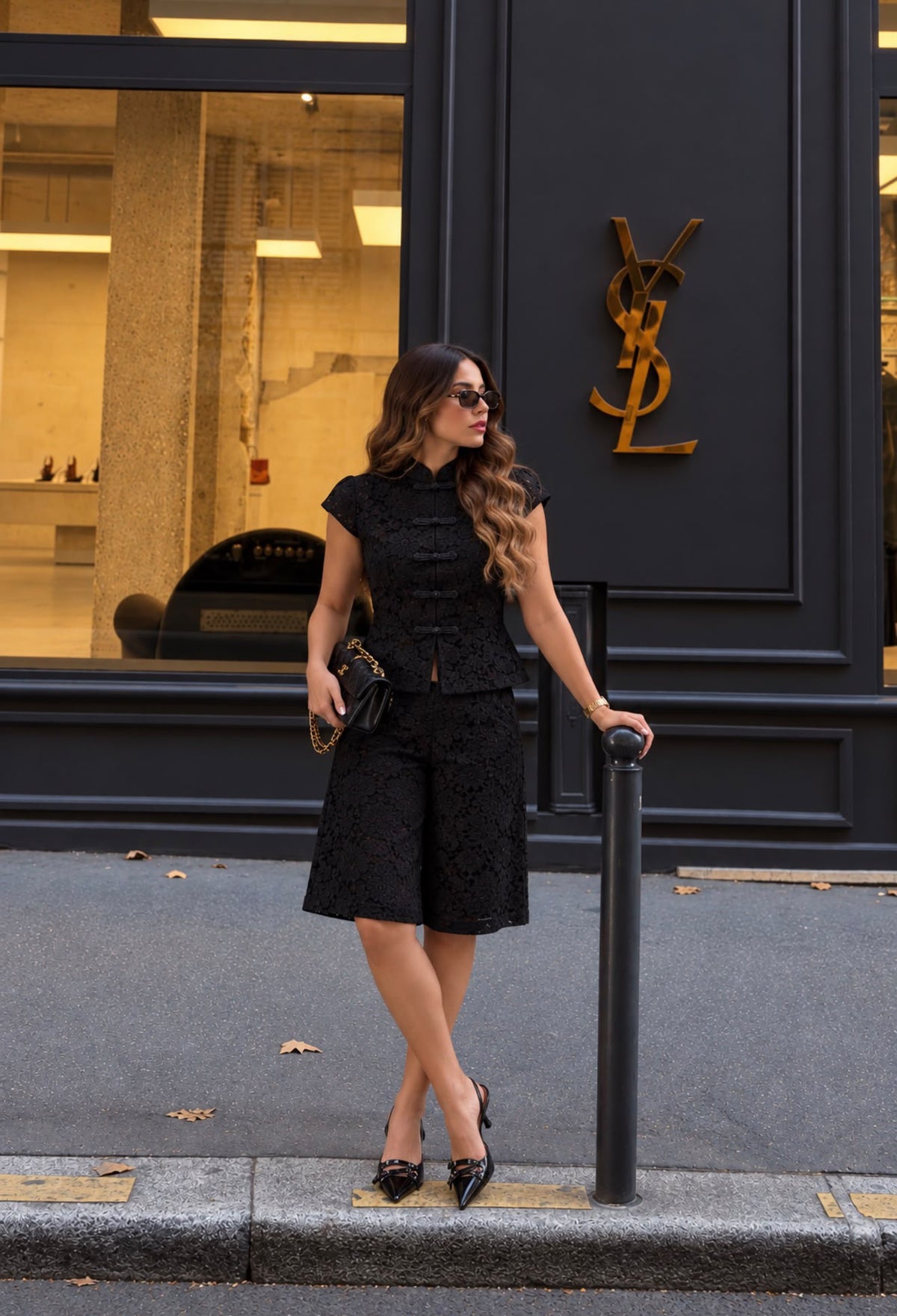 TCS 3227 - Floral Lace Mandarin Collar Top & Bermuda Shorts Set