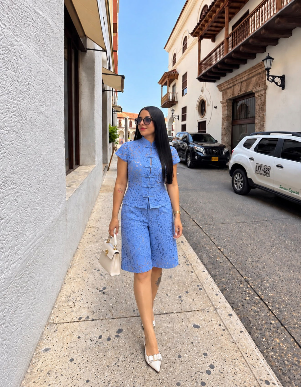 TCS 3227 - Floral Lace Mandarin Collar Top & Bermuda Shorts Set