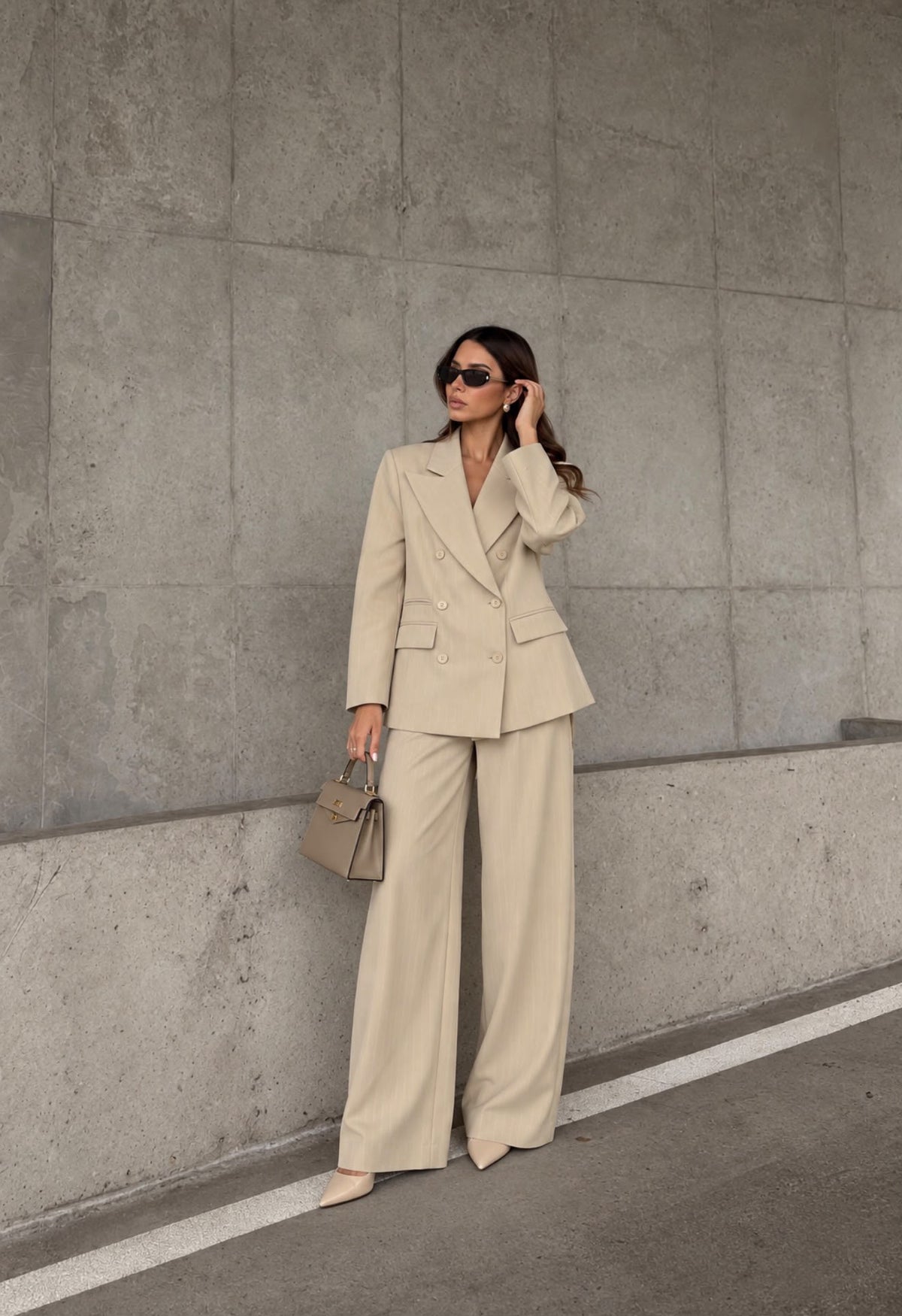 TCS 3208 - Pinstripe Double-Breasted Blazer & Wide-Leg Pants Set