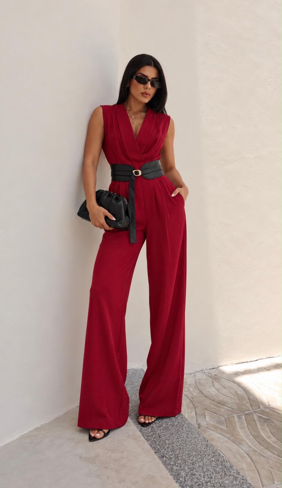 TM 593 - Belted Wrap-Front Wide-Leg Jumpsuit