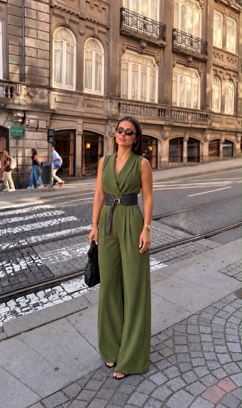 TM 593 - Belted Wrap-Front Wide-Leg Jumpsuit