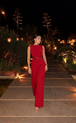 TCS 3228 - Draped-Neck Belted Wide-Leg Jumpsuit