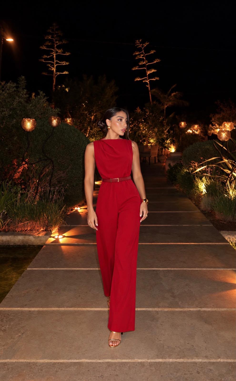 TCS 3228 - Draped-Neck Belted Wide-Leg Jumpsuit