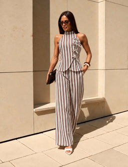 TM 605 - Striped Bow-Detail Halter Top & Wide-Leg Pants Set
